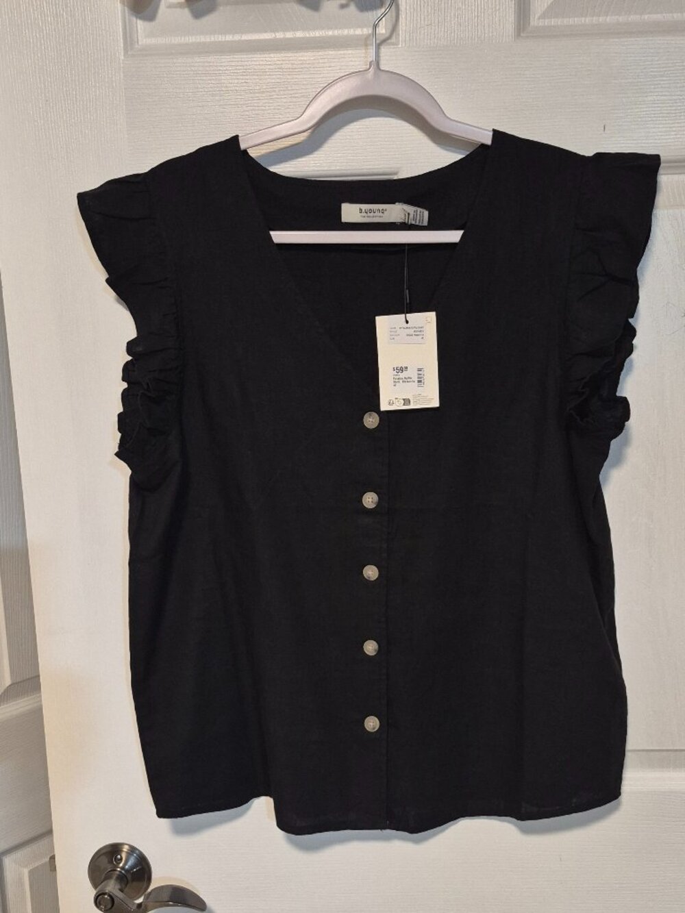 B.YOUNG RUFFLE SLEEVE TOP.  Linen mix.  Size 40 (10).  Fits up to 12.  NWT